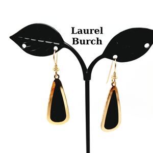Laurel Burch Black Enamel Earrings – Vintage Gold Plated Drop Dangle Jewelry
